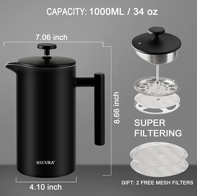 Secura French Press Coffee Maker 304 Grade Stainless Steel Insulated Coffee Press with 2 Extra Screens 34oz (1 Litre) Black