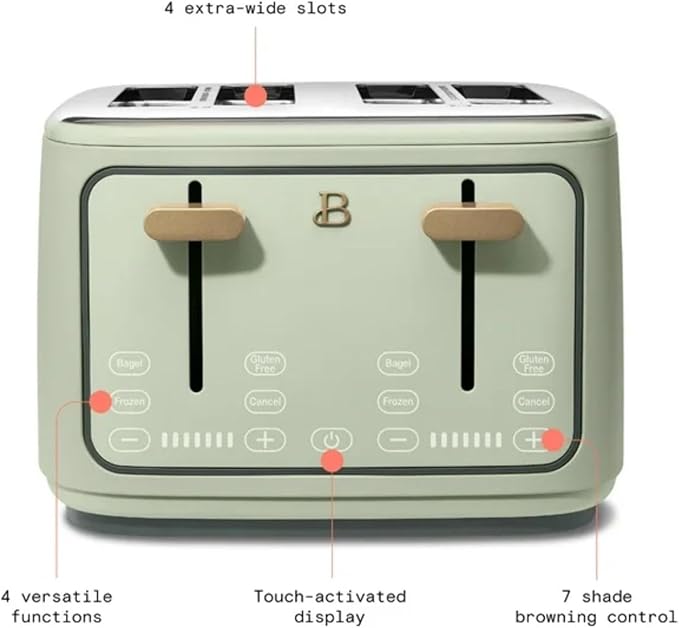 Four-slot Digital Touch Display Toaster with LED Countdown Extra Wide Self-Adjusting Slots Powerful Even Toasting (Sage Green)
