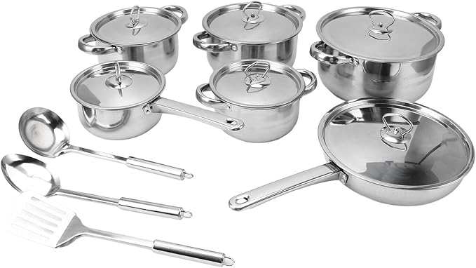 Rengue Stainless Steel Cookware Set 15 Piece Kitchen Pots and Pans Set with Heat Handles Dishwasher Safe for Frying Boiling Stewing Cooking