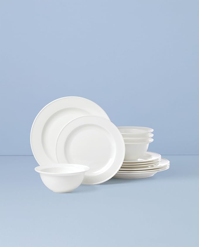 Lenox Dinnerware Set Studio 1414 Rimmed 12-Piece Set Service For 4 Bone China Material Dishwasher &amp Microwave Safe Home And Kitchen Kitchen And Dining Plates And Bowls Sets (White 12 Piece