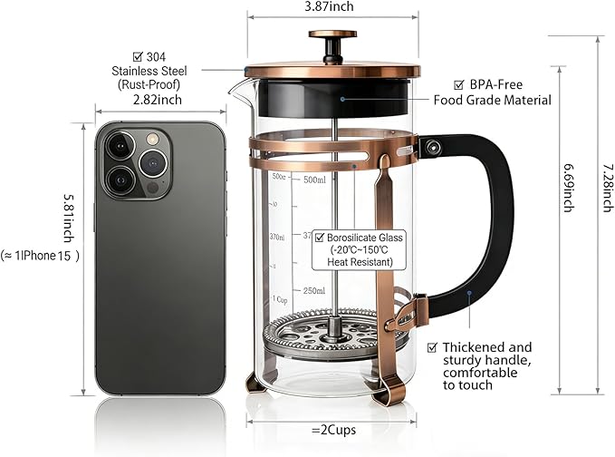 French Press Coffee Maker 21Oz Coffee Press with 304 Stainless Steel 4 Filters Borosilicate Glass Heat Resistant Carafe 100% BPA-Free Teapot &amp Coffee Press Copper Finish