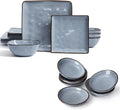 Famiware Ocean Square 12 Pieces Dinnerware Set + 6 Pieces Oval Dipping Bowl Set Microwave and Dishwasher Safe Blue
