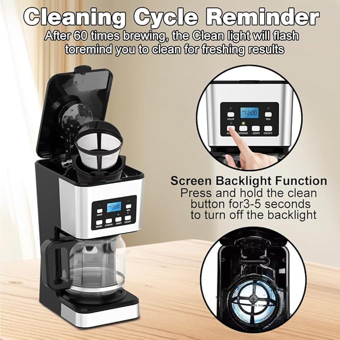 12-Cup Programmable Coffee Maker Regular &amp Strong Brew Drip Coffee Machine for Home and Office Glass Carafe Pause &amp Serve Auto Shut Off Gray &amp Stainless Steel (Black)