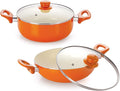 NIRLON Non-Stick Induction Ceramic Casserole and Kadhai with Glass Lid - Set of 2 (Orange)