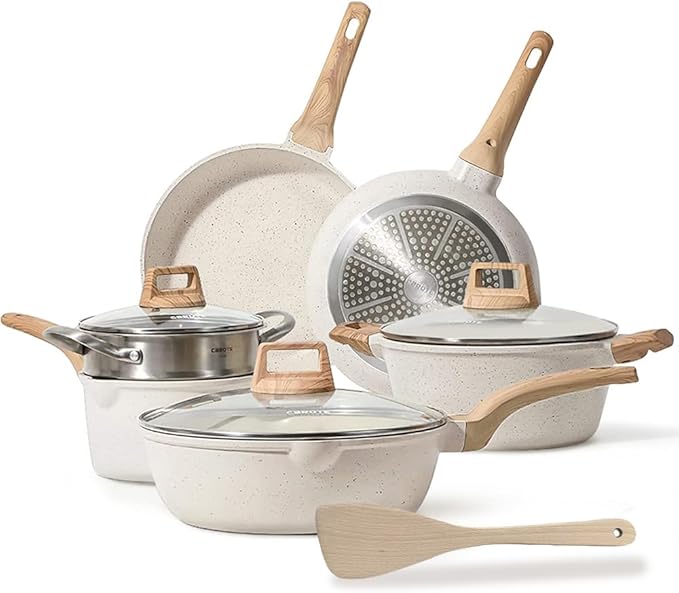 ZJchao Nonstick Pots and Pans Set with Lids 7 Piece Aluminum Cookware Set Induction Compatible Stackable Kitchen Cooking for Home Chefs and Families Stainless Steel Bottom