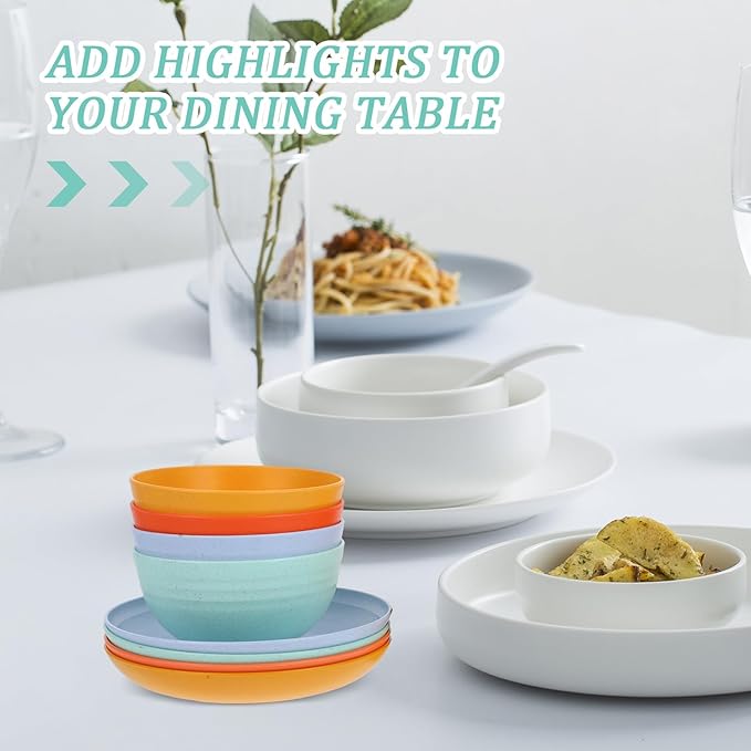 12pcs Wheat Straw Dinnerware Set with Unbreakable Plates Bowls and Cups Microwave Safe Colorful Tableware and Camping Use