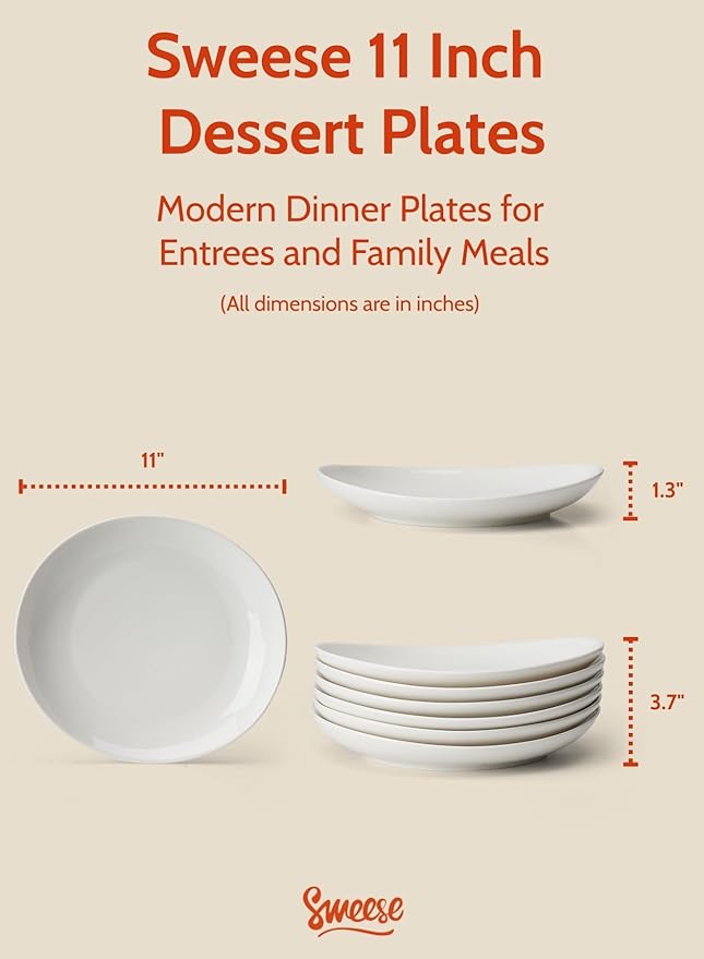 Sweese Porcelain 11 Inch Dinner Plates Set of 6 - White Dinner Plates - Dishwasher Microwave Oven Safe Scratch Resistant