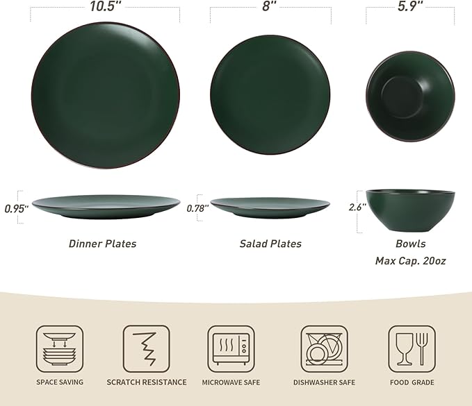 Famiware Venus Plates and Bowls Sets with Coffee Mugs Set 18 Pieces Stoneware Dinnerware Sets Dark Green