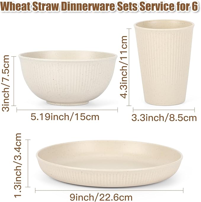 18PCS Wheat Straw Dinnerware Sets Unbreakable Reusable Dinnerware Set for 6 Microwave Dishwasher Safe Dinnerware for Outdoor Camping Dishes