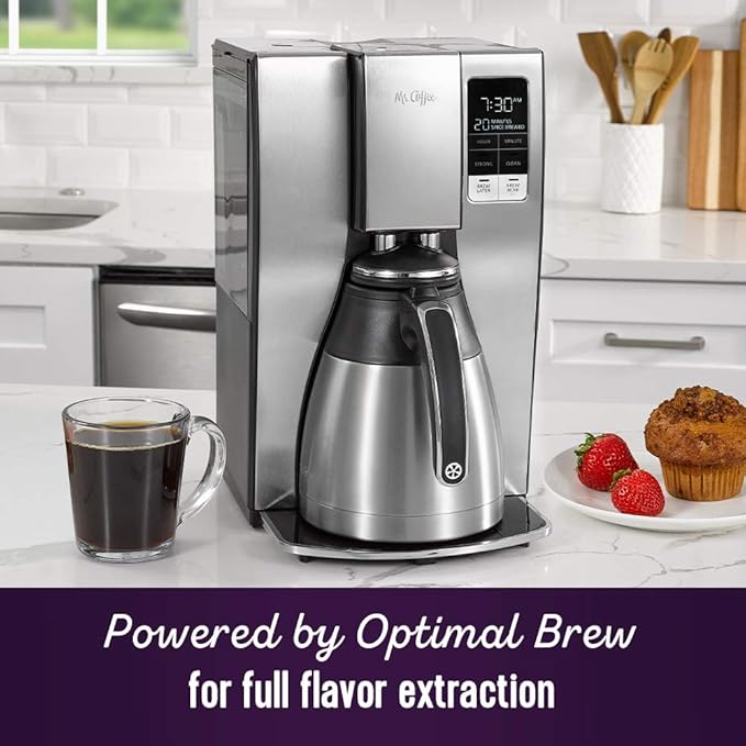 Mr. Coffee 10-Cup Programmable Coffee Maker Insulated Thermal Carafe Brew Strength Selection Brew Now or Later Stainless Steel