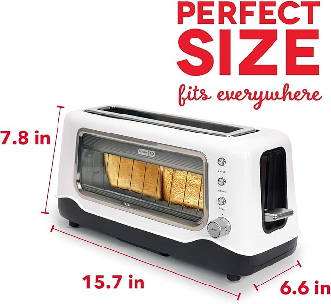 Dash Clear View Toaster - Features Large Window &amp Extra-Wide Slots - Auto-Shut Off Feature - Bagel Functions &amp Seven-Browning Levels - 1-Touch Defrost - White