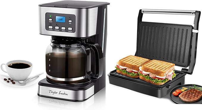 Taylor Swoden 12-Cup Programmable Coffee Maker Drip Coffee Machine and Panini Press Sandwich Maker Aigostar 1000W Sandwich Press Grill