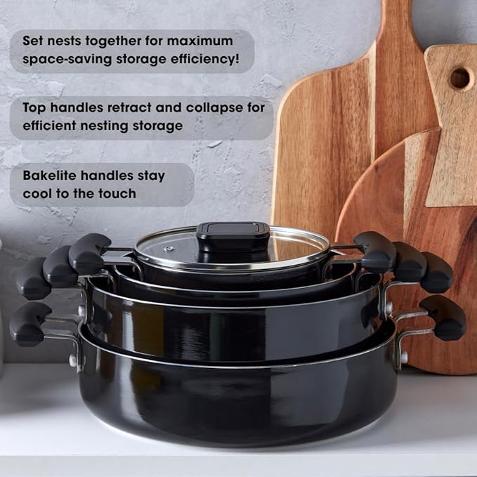 Denmark Tools for Cooks 7 Piece Ceramic Nonstick Aluminum Nesting Cookware Set Pots Pans Black