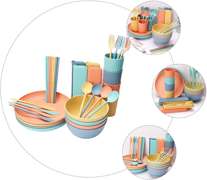 PRETYZOOM 4Sets Portable Wheat Straw Tableware Creative Kitchen Supplies for Rice Soup and Salad Microwave Safe Dinnerware Set with Bowls Plates and Cutlery for Home