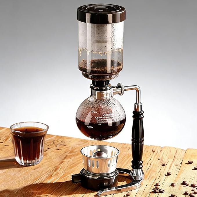 Borosilicate Glass Siphon Coffee Maker - Japanese Style Vacuum Syphon Brewer with Alcohol Burner &amp Adjustable Buffer Clamp High-Temp Resilient Tabletop Coffee Pot for Aficionados 5-Cup (600ml)