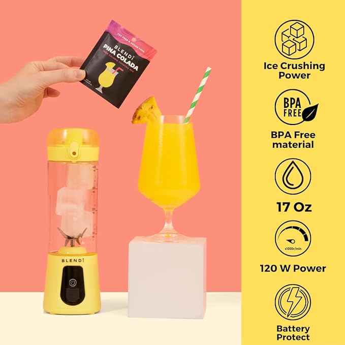 BLENDi Pro+ Portable Blender (17.5oz Lemon) – Upgraded Ice Crushing 120W Motor USB-C Rechargeable Cordless Personal Blender Smoothies &amp Shakes – BPA-Free Self-Cleaning Travel-Friendly (NEW)