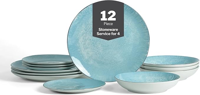 Christian Siriano Onyx 12-Piece Dinnerware Set Porcelain Plates and Bowls Set Hand Wash Dish Dish Set for 4 Blue and Gold