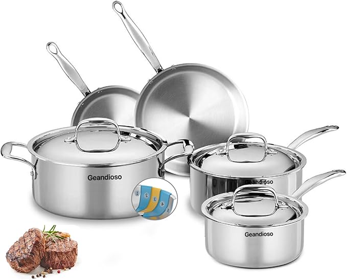 Stainless Steel Cookware Set 5-ply cookware8-Piece Pots and Pans Set 316L Professional Grade Oven and Broiler Safe to 650°F Dishwasher Safe Durable Induction Compatible Silver