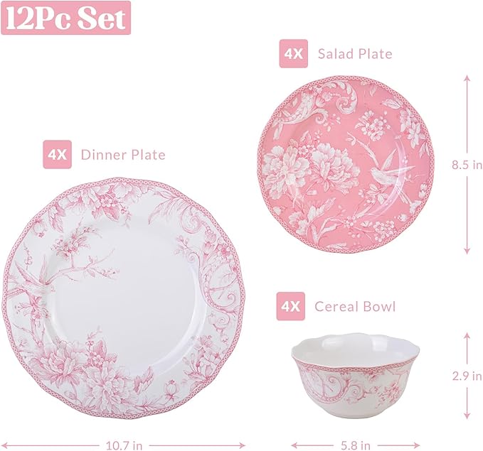 222 Fifth Adelaide Blush 12-Piece Pink Porcelain Dinnerware Set – Service for 4 Big Dinner Plates and Bowls Sets White with Pink Floral Pattern for Daily Entertainment Microwave &amp Dishwasher S