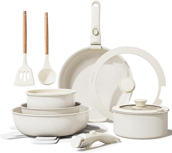 Ceramic Nonstick Cookware Set HealthyNon Toxic17-Pieces Pots and Pans Set Removable HandlesInduction RV Kitchen SetStain &amp Scratch-resistantDishwasher/Oven SafePFAS/PFOA FreeCream White