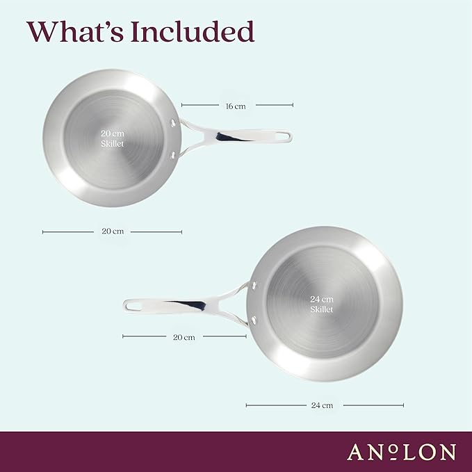 Anolon Nouvelle Stainless Stainless Steel Frying Pan Set / Fry Pan Set / Skillet Set - 8 Inch and 9.5 Inch  Silver