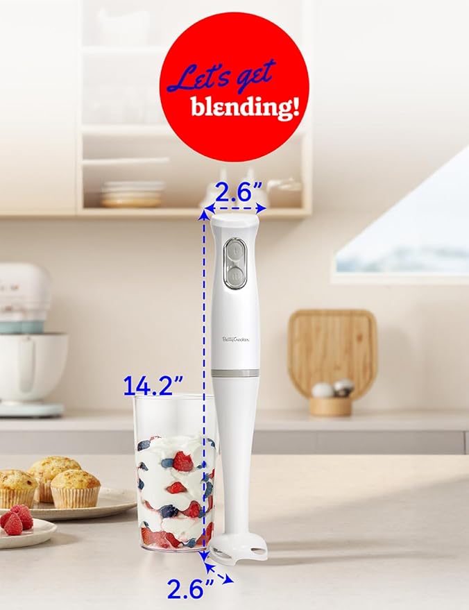 Betty Crocker 2-Speed Hand Blender with 20-Ounce Mixing Beaker Immersion Blender 300W Motor 450W Peak Power Soft-Touch Pulse Control Stainless Steel Blade BPA Free BC-4307W White