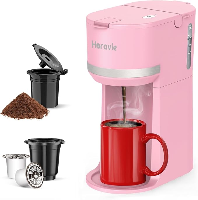 Mini Single Serve Coffee Maker for K Cup and Ground Coffee Fast Brew One Cup Coffee Machine with Descaling Reminder and Water Window 6 to 12 oz. Brew Sizes Pink