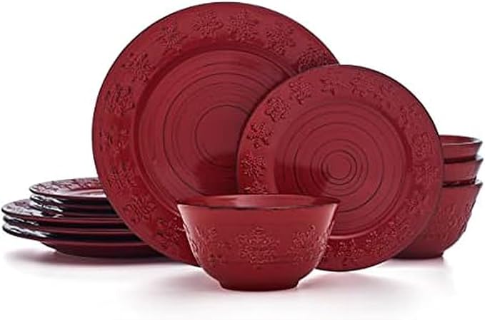 Pfaltzgraff Trellis Snowflakes 12 Piece Dinnerware Set Service For 4 Red