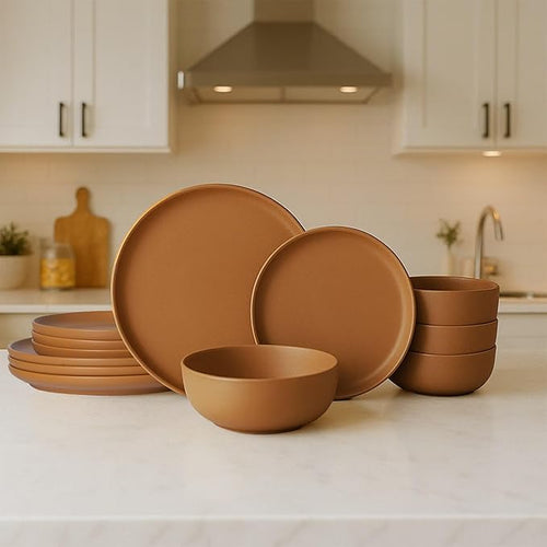 12-Piece Matte Orange Dinnerware SetStoneware Dinnerware for 4 Microwave &amp Dishwasher Safe Stackable Design for Kitchen and Dining - Plates and Bowls