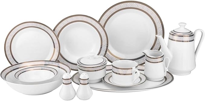 Euro Porcelain 57-pc Banquet Dinnerware Set Luxury Tableware Dining Service for 8 (Greek Key Dark)