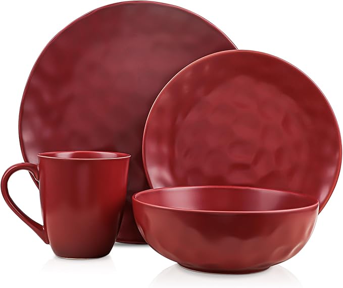 Stone Lain Sam Porcelain16 Piece Dinnerware Set Home Kitchen Dish Set with Dinner Plates Salad Plates Bowls &amp Mugs - Service for 4 Red