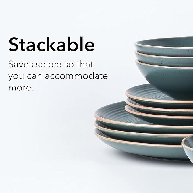 RINGAR Round Stoneware 16pc Double Bowl Dinnerware Set for 4 Dinner Plates Side Plates Cereal Bowls Pasta Bowls - Speckle Matte Green (431952)