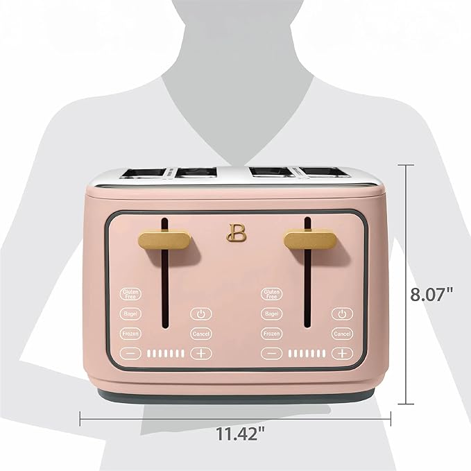 4 Slice Toaster with Touch Control Panel 1800W Fast Heating 7 Toast Shade Levels Extra Wide Slots for Bagels Removable Crumb Tray (Rose)