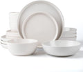 SKUGGA Round Stoneware 16pc Double Bowl Dinnerware Set for 4 Dinner and Side Plates Cereal and Pasta Bowls - Matte White(466077)