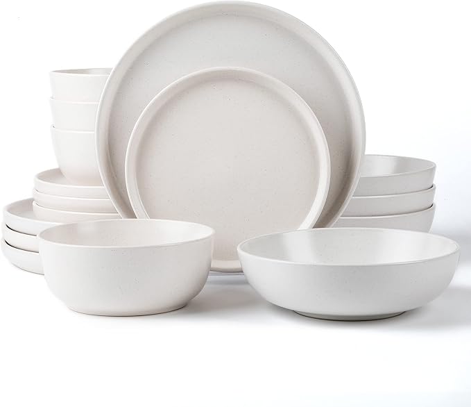 SKUGGA Round Stoneware 16pc Double Bowl Dinnerware Set for 4 Dinner and Side Plates Cereal and Pasta Bowls - Matte White(466077)
