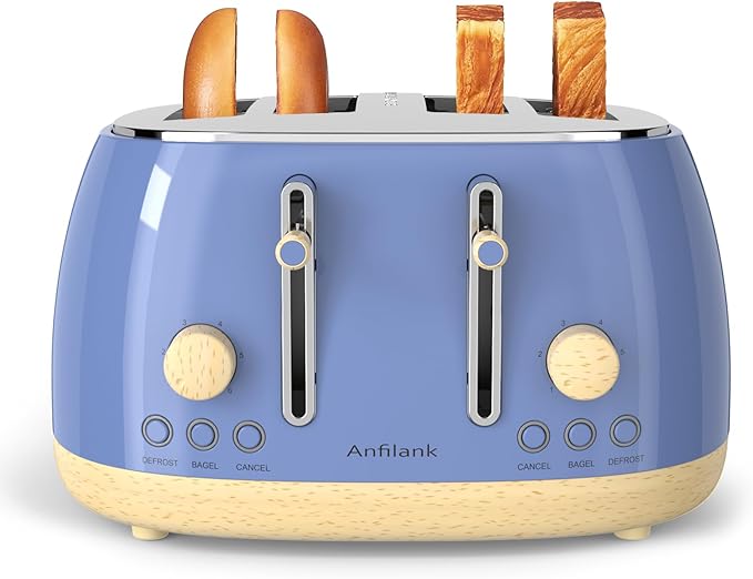 Toaster 4 SliceRetro Stainless Steel Toaster with Extra Wide Slots Cancel Bagel Defrost Function Dual Independent Control Panel Removable Crumb Tray and High Lift Lever (Sapphire Blue)
