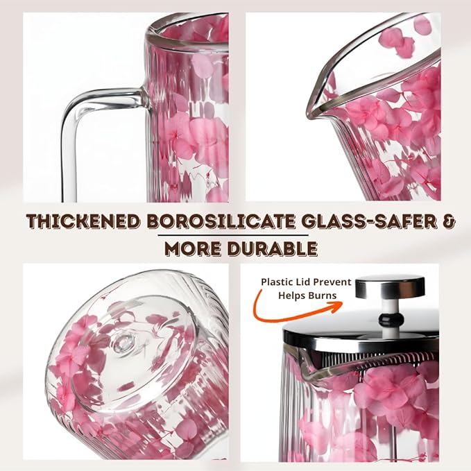 Glass French Press Coffee Maker 22oz (Pink Floral) – Double-Wall Borosilicate Ribbed Coffee Press with Stainless Steel Filter Manual Coffee Brewer &amp Tea Press