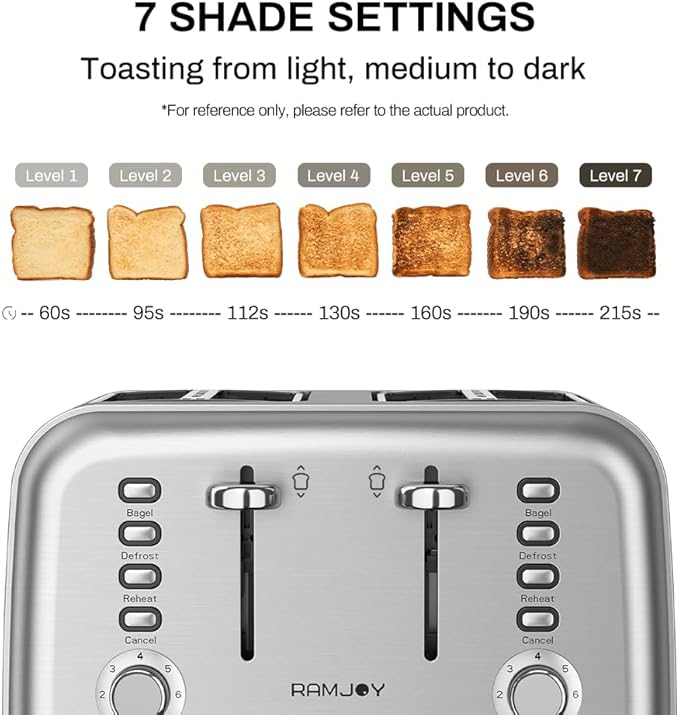 Toaster 4 Slice Dual Independent Controls Extra Wide Slot Toasters for Bagel Bread Waffles 7 Shade Settings 4 Main Functions Removable Crumb Tray 1500 Watts Brushed Stainless Steel