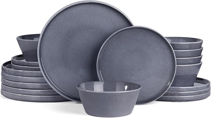 Famiware Annecy Dinner Plates and Bowls Sets Stoneware Dinnerware Sets Dishes Set for 6 18 Pieces Handmade Dishware Set - Microwave &amp Dishwasher Safe Double Reactive Glaze Tableware Misty-Blu