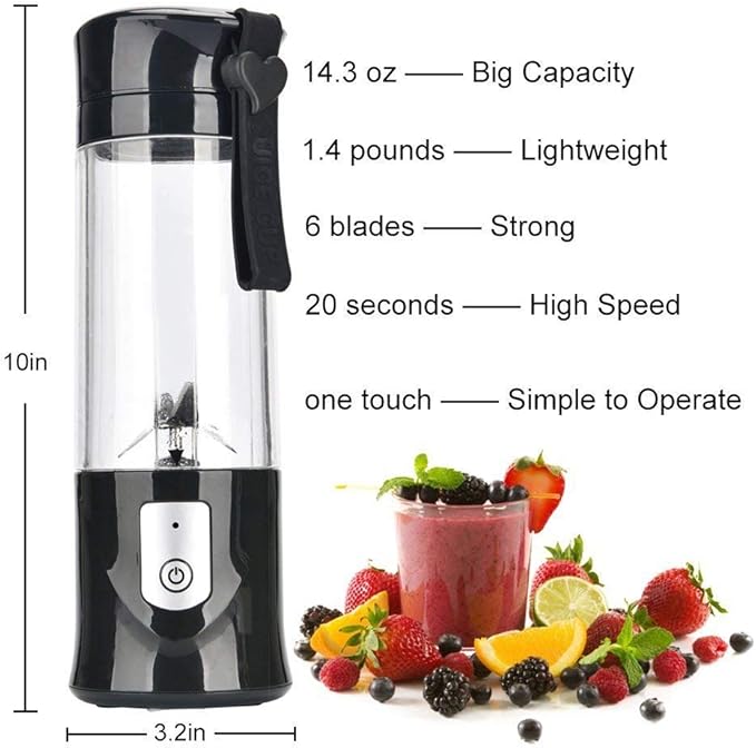 Portable BlenderToycol Mini Personal Size Blenders for Smoothies and ShakesUSB Travel Juicer Cup Fruit Juice Mixer with 6 Updated Bladesusb Blender 13.5Oz Bottle (Black)