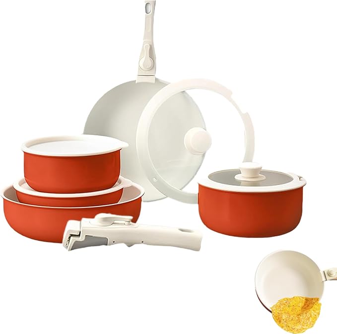 Cookware Set Non-stick ceramic cookware set Non-toxic induction cooktop with Removable HandlesEasy to clean suitable for kitchen sets RV cooking equipment (red15 pcs)