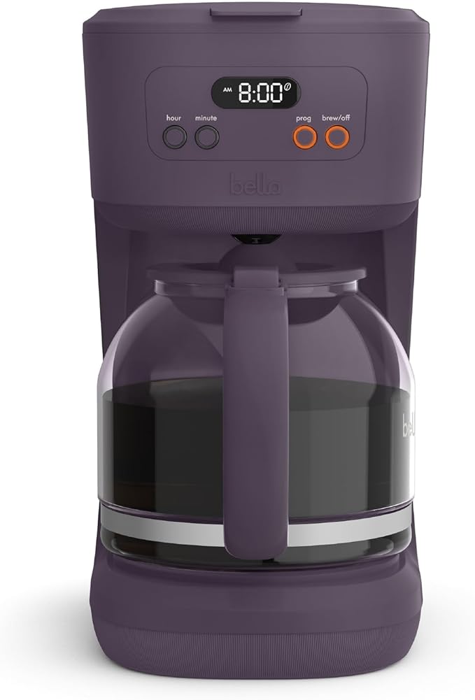 bella 12 Cup Programmable Coffee Marker Reusable Dishwasher Safe Accessories Easy LCD diaply Auto Shutoff 900 watt Plum