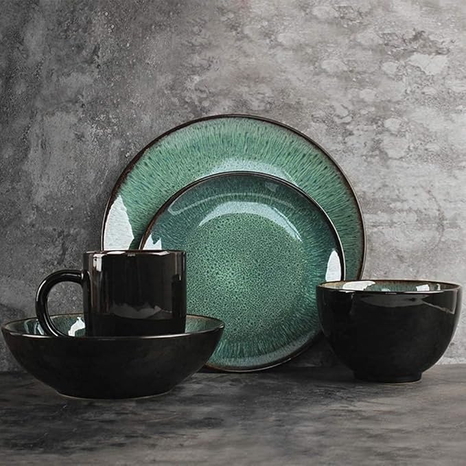 Fine Dinnerware Set Retro Porcelain Dishes Polished With Kiln Changing Glaze Green Peacock Pattern Service For 1 Plate Set