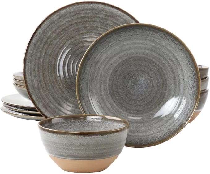 12 Piece Earthenware Dinnerware Set – Reactive Glaze Plates and Bowls with Raw Textured Base Round Ceramic Design Microwave &amp Dishwasher Safe Service for 4 (Gray)