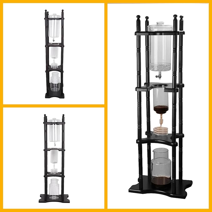 Ice Drip Coffee Maker 2L/67.63oz(About 25 Cups) Large Capacity Cold Brew Tower for Home Coffee Shop Glass &amp Solid Wood Manual Dripper Brewer Reusable Cold Tea Maker 11.02*9.65*45.28in Black-Re