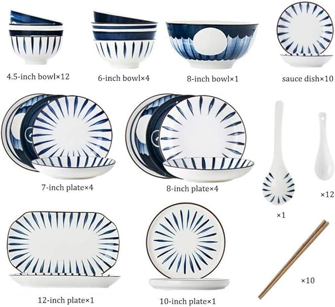 Pottery TablewareBlue Printed Ceramic Dinnerware Sets Porcelain Combi-Set Dinner Plates Dessert Plates Cereal Bowls Salad Bowls
