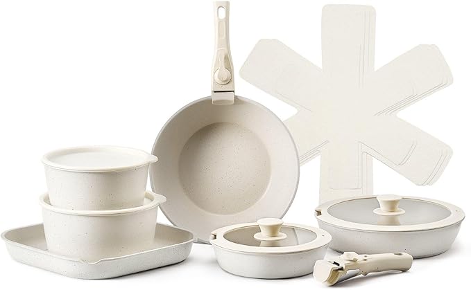 17 Piece Pots and Pans Set Granite Nonstick Kitchen Cookware Induction White