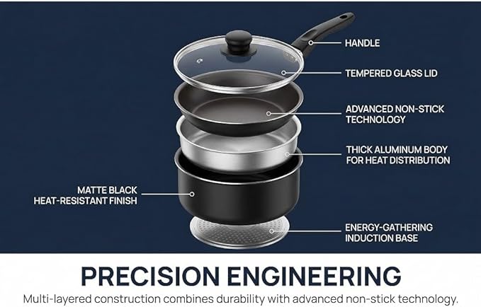7-piece Non-stick Cooking Set with Covered Aluminum Cookware Complete Set of Pots Pans and Bowls Non-toxic and Healthy Safe for The Oven Heated By Induction Stove Black Set