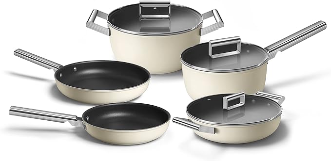SMEG 8PC Non-Stick Cookware Set Cream 3 QT Sauce pan with Lid 9.5 Frypan 11 Frypan 5 QT Casserole with lid 4 QT Deep Pan with lid