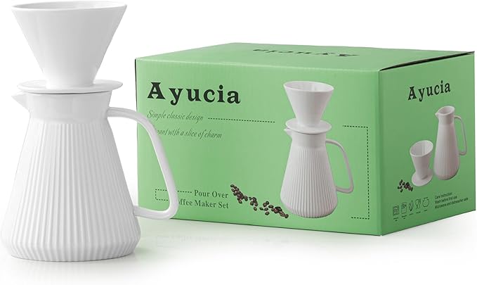 Pour Over Coffee Maker Set Ceramic Coffee Dripper with Pot Set 22OZ White Cream Pour Over Coffee Brewer for Home Café Restaurant Camping Size 02